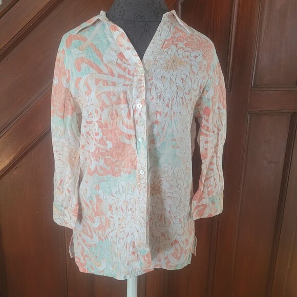 Chicos S Linen Floral Button-Up Blouse With 3/4 Sleeves - Pastel Orange & Mint G - Picture 1 of 9